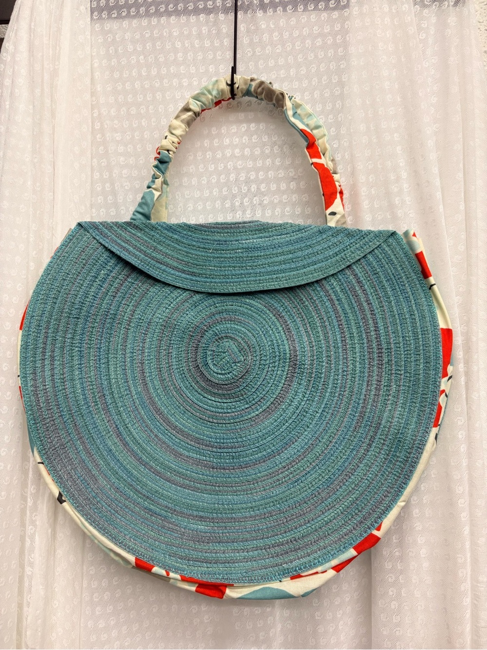 Upcycled Teal Round Tote Bag with Patterned Handles